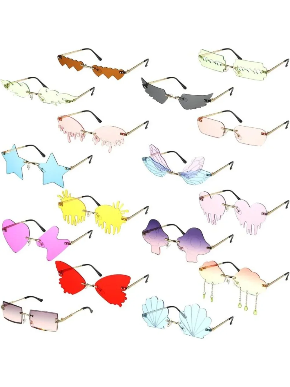 Trendy 16 Pcs Irregular Rimless Sunglasses Set - Star, Cloud, Flame & Heart